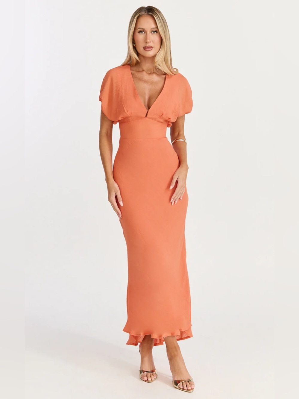ShowPo DESIREE MIDI DRESS
V Neck Flutter Short Sleeve Slip Dress In Orange Party